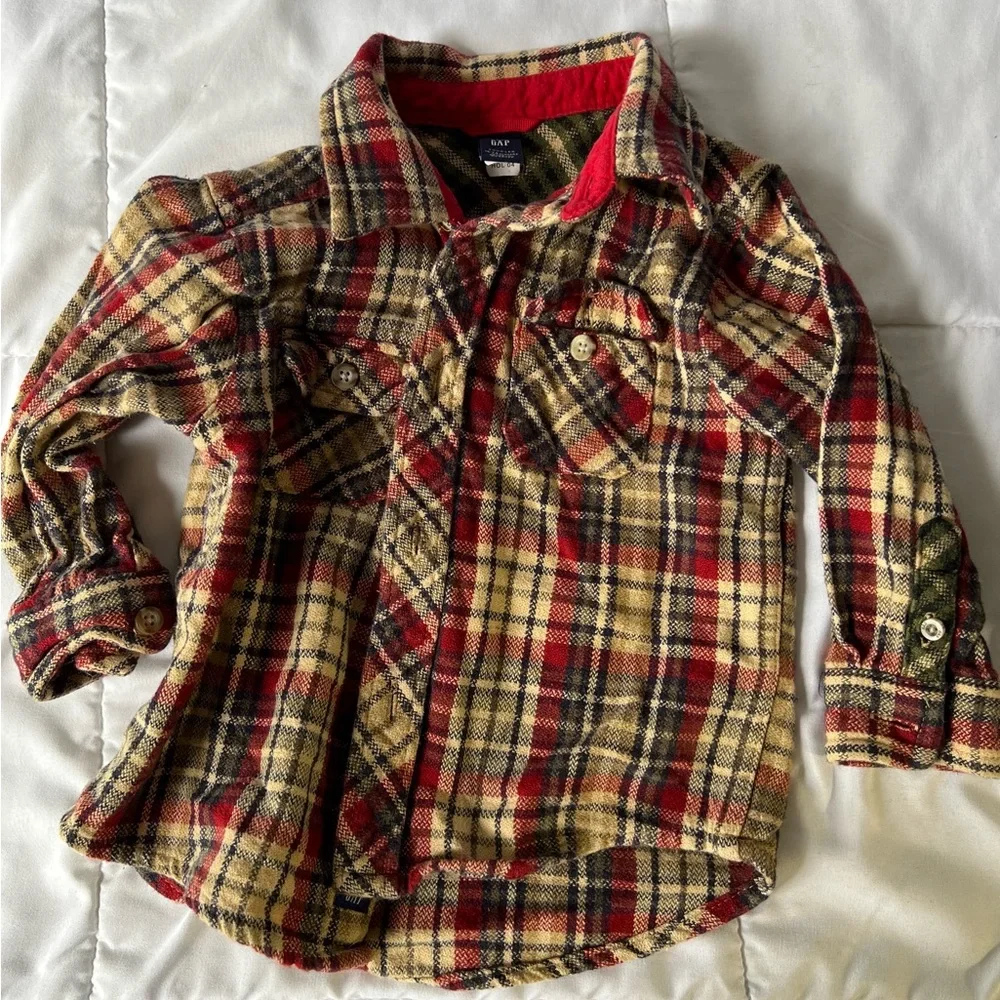 Gap Boys Button Down Plaid Flannel Shirt red and beige